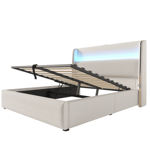 Cama hidráulica 160x200 cm - Com cabeceira ajustável, iluminação LED, arrumação e portas USBType-C - Bege Cama hidráulica 160x200 cm - Com cabeceira ajustável, iluminação LED, arrumação e portas USBType-C - Bege