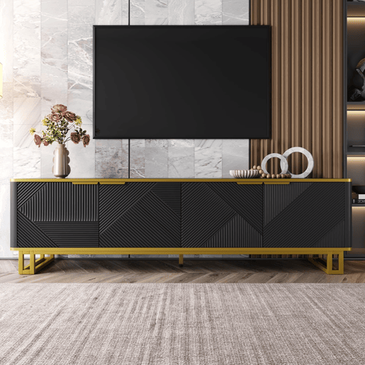 Móvel de TV 160x37,5 cm - 4 portas, design geométrico, baixo - Preto