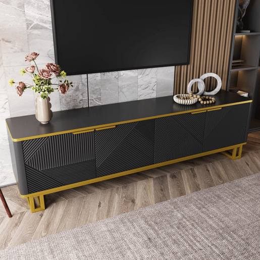 Móvel de TV 160x37,5 cm - 4 portas, design geométrico, baixo - Preto