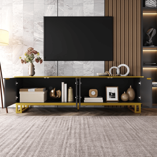 Móvel de TV 160x37,5 cm - 4 portas, design geométrico, baixo - Preto