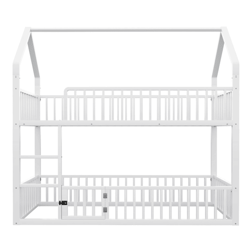 Cama beliche infantil 90x200 - Cama dupla metálica, design loft, com escada e porta pequena - Branco