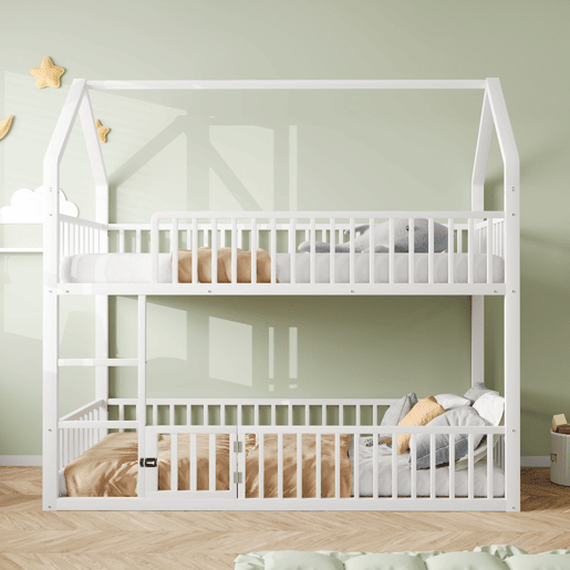 Cama beliche infantil 90x200 - Cama dupla metálica, design loft, com escada e porta pequena - Branco
