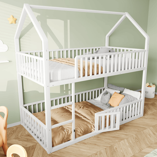 Cama beliche infantil 90x200 - Cama dupla metálica, design loft, com escada e porta pequena - Branco