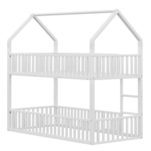 Cama beliche infantil 90x200 - Cama dupla metálica, design loft, com escada e porta pequena - Branco