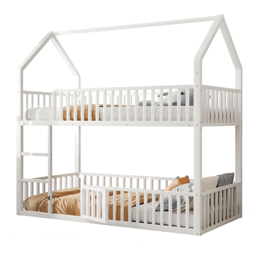 Cama beliche infantil 90x200 - Cama dupla metálica, design loft, com escada e porta pequena - Branco