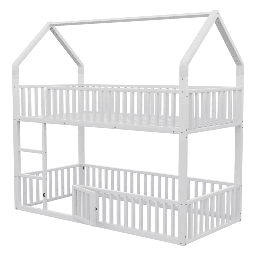 Cama beliche infantil 90x200 - Cama dupla metálica, design loft, com escada e porta pequena - Branco