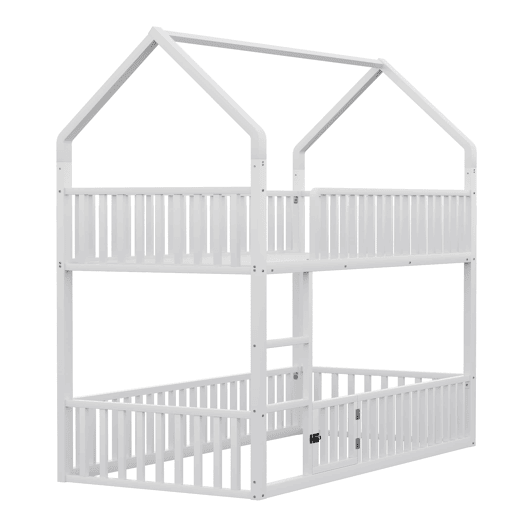 Cama beliche infantil 90x200 - Cama dupla metálica, design loft, com escada e porta pequena - Branco