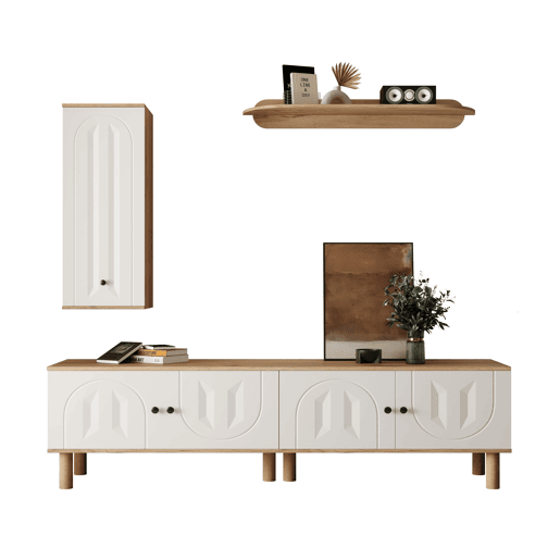 Conjunto de parede de 3 peças - painéis de porta esculpidos, branco e madeira