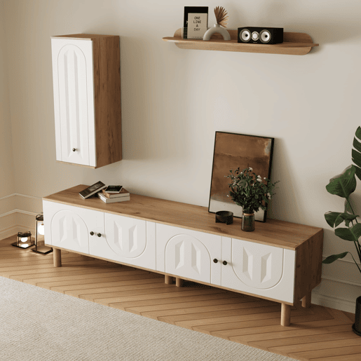 Conjunto de parede de 3 peças - painéis de porta esculpidos, branco e madeira