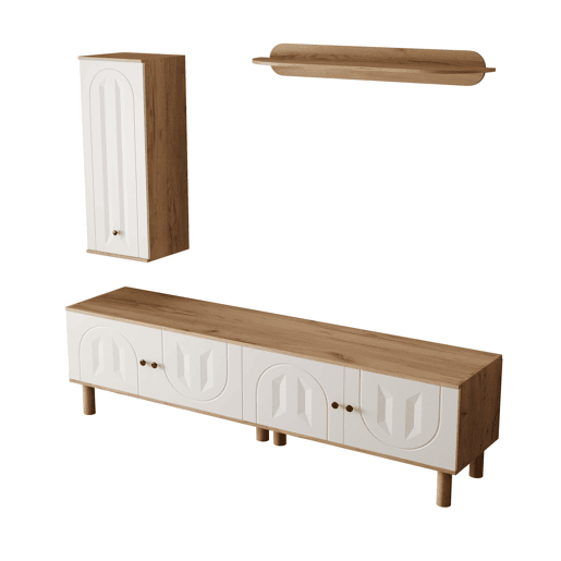 Conjunto de parede de 3 peças - painéis de porta esculpidos, branco e madeira