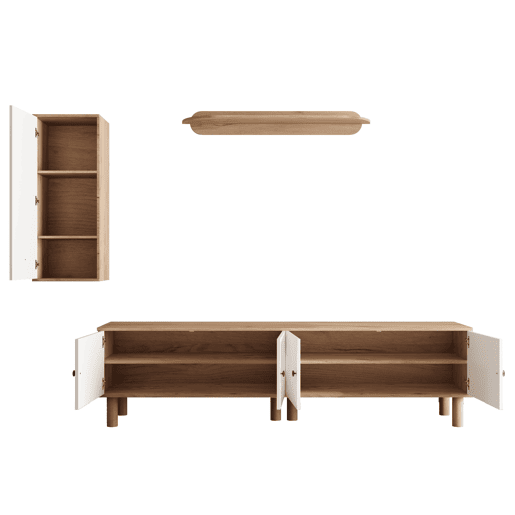 Conjunto de parede de 3 peças - painéis de porta esculpidos, branco e madeira