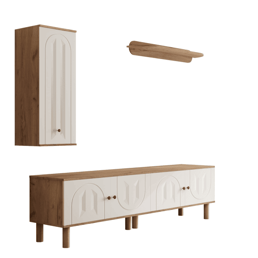 Conjunto de parede de 3 peças - painéis de porta esculpidos, branco e madeira