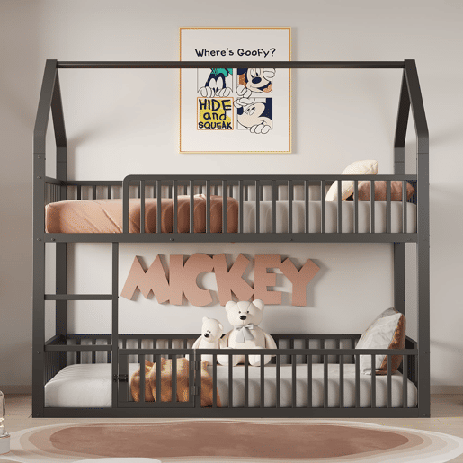 Cama beliche infantil 90x200 - Cama dupla metálica, design loft, com escada e porta pequena, preta