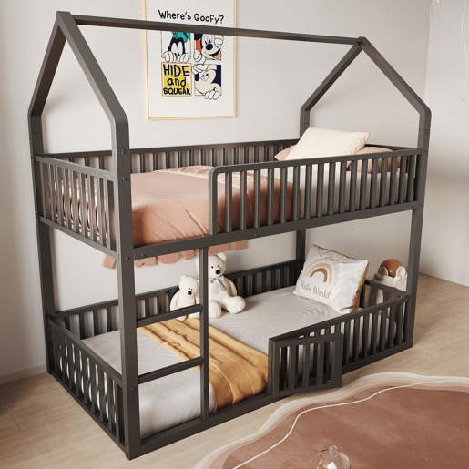 Cama beliche infantil 90x200 - Cama dupla metálica, design loft, com escada e porta pequena, preta