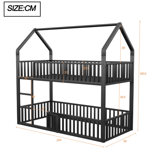 Cama beliche infantil 90x200 - Cama dupla metálica, design loft, com escada e porta pequena, preta