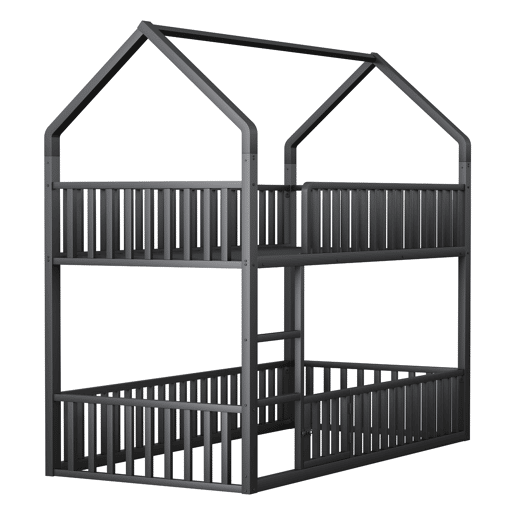 Cama beliche infantil 90x200 - Cama dupla metálica, design loft, com escada e porta pequena, preta