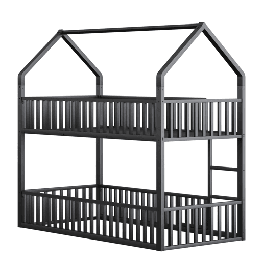 Cama beliche infantil 90x200 - Cama dupla metálica, design loft, com escada e porta pequena, preta