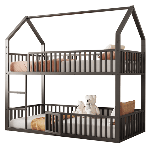 Cama beliche infantil 90x200 - Cama dupla metálica, design loft, com escada e porta pequena, preta