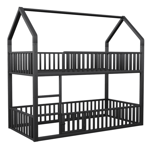 Cama beliche infantil 90x200 - Cama dupla metálica, design loft, com escada e porta pequena, preta