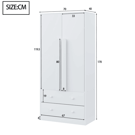 Armário roupeiro 70x40x170 cm - Porta dupla, gavetas e prateleiras - Branco