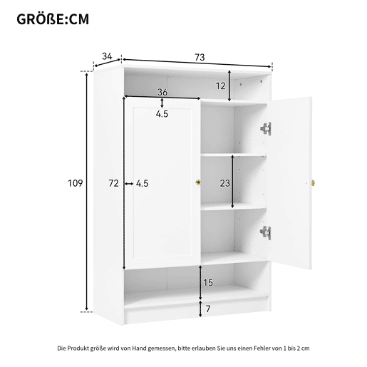 Sapateira moderna 73x34x109 cm - com prateleiras ajustáveis, 2 portas, puxadores dourados - branca Sapateira moderna 73x34x109 cm - com prateleiras ajustáveis, 2 portas, puxadores dourados - branca