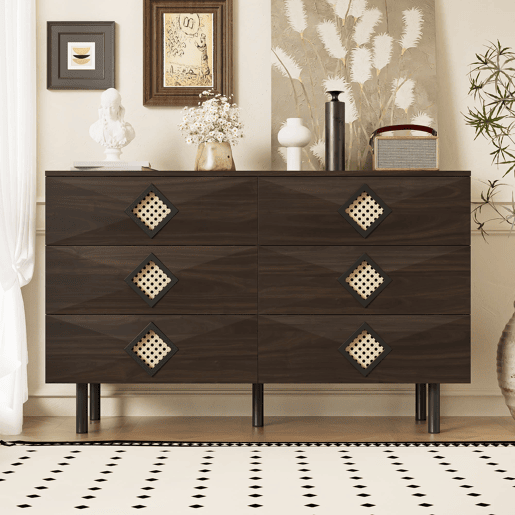 Tocador elegante com 6 gavetas - Puxadores de rattan, ideal para quarto e sala - Nogueira