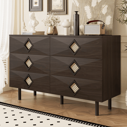 Tocador elegante com 6 gavetas - Puxadores de rattan, ideal para quarto e sala - Nogueira