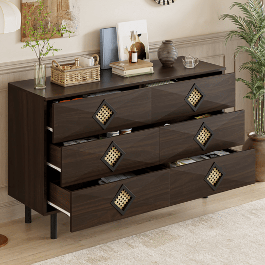 Tocador elegante com 6 gavetas - Puxadores de rattan, ideal para quarto e sala - Nogueira
