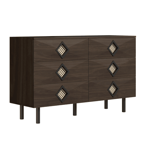 Tocador elegante com 6 gavetas - Puxadores de rattan, ideal para quarto e sala - Nogueira