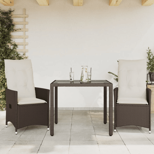 3 pcs conjunto bistrô - cadeiras de jardim - Cadeiras de exterior com almofadões vime PE castanho
