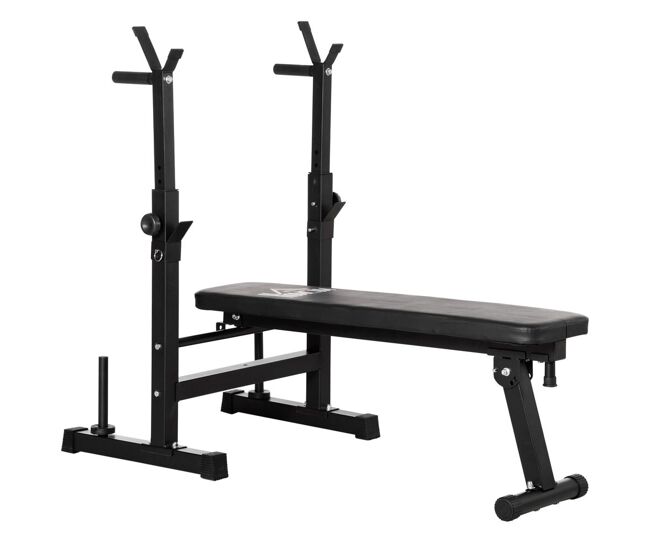 Homcom banco de musculación multifuncional plegable, banco de pesas, press banca con soporte para barras ajustable y estación de dips, carga 220 kg, para entrenamiento completo en casa gimnasio