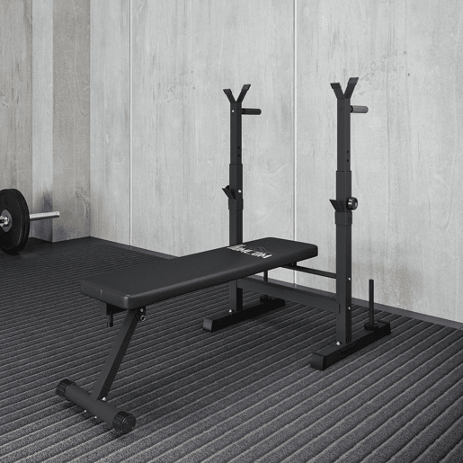 HOMCOM Banco de Musculação Multifuncional Dobrável Banco de Pesos com Suporte para Barras Ajustável e Estação de Dips Carga 150 kg para Treino Completo em Casa ou Ginásio