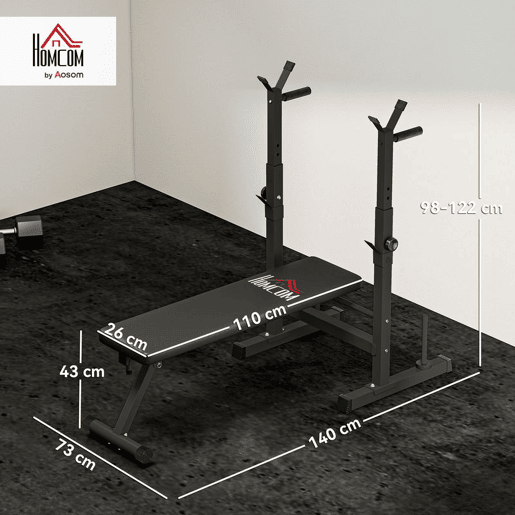 HOMCOM Banco de Musculação Multifuncional Dobrável Banco de Pesos com Suporte para Barras Ajustável e Estação de Dips Carga 150 kg para Treino Completo em Casa ou Ginásio