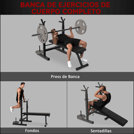 HOMCOM Banco de Musculação Multifuncional Dobrável Banco de Pesos com Suporte para Barras Ajustável e Estação de Dips Carga 150 kg para Treino Completo em Casa ou Ginásio