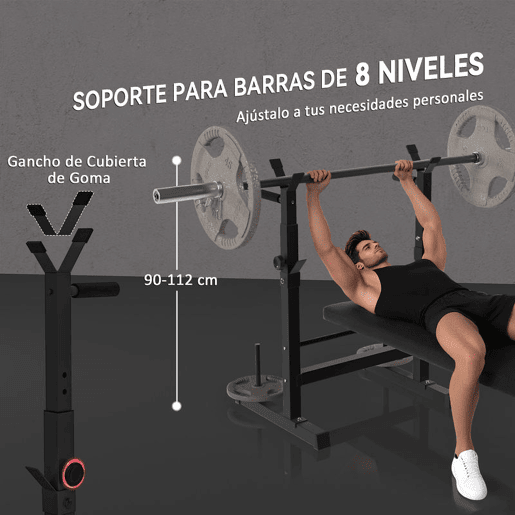 HOMCOM Banco de Musculação Multifuncional Dobrável Banco de Pesos com Suporte para Barras Ajustável e Estação de Dips Carga 150 kg para Treino Completo em Casa ou Ginásio