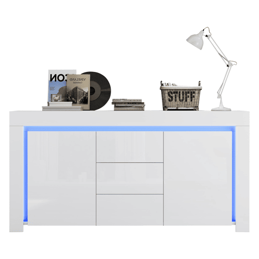 Aparador 140x40x65 cm - 3 gavetas, 2 portas, com LED - Branco