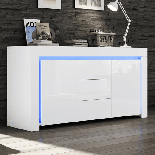 Aparador 140x40x65 cm - 3 gavetas, 2 portas, com LED - Branco