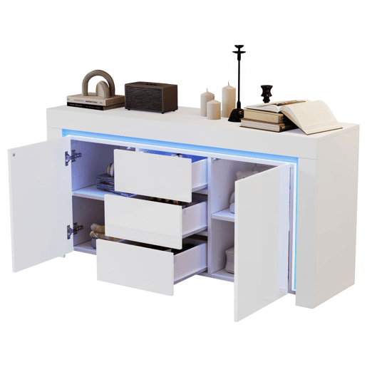 Aparador 140x40x65 cm - 3 gavetas, 2 portas, com LED - Branco