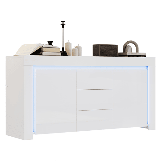 Aparador 140x40x65 cm - 3 gavetas, 2 portas, com LED - Branco