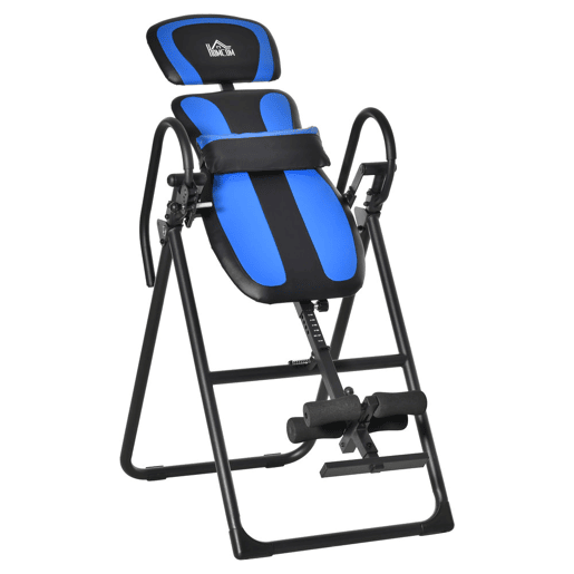 HOMCOM Mesa de Inversão Dobrável com Rodas Banco de Inversão Ajustável em Altura e Ângulo com Apoio Lombar para Aliviar as Costas Capacidade 110 kg Aço 32x71x145 cm Preto e Azul