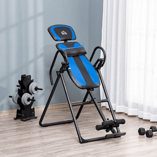HOMCOM Mesa de Inversão Dobrável com Rodas Banco de Inversão Ajustável em Altura e Ângulo com Apoio Lombar para Aliviar as Costas Capacidade 110 kg Aço 32x71x145 cm Preto e Azul