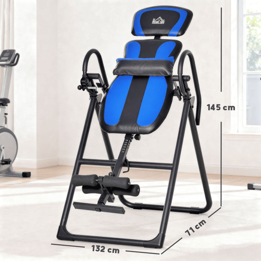 HOMCOM Mesa de Inversão Dobrável com Rodas Banco de Inversão Ajustável em Altura e Ângulo com Apoio Lombar para Aliviar as Costas Capacidade 110 kg Aço 32x71x145 cm Preto e Azul