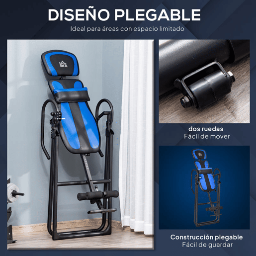 HOMCOM Mesa de Inversão Dobrável com Rodas Banco de Inversão Ajustável em Altura e Ângulo com Apoio Lombar para Aliviar as Costas Capacidade 110 kg Aço 32x71x145 cm Preto e Azul