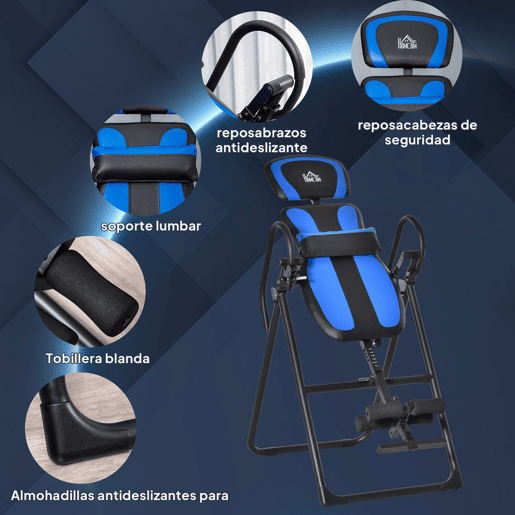 HOMCOM Mesa de Inversão Dobrável com Rodas Banco de Inversão Ajustável em Altura e Ângulo com Apoio Lombar para Aliviar as Costas Capacidade 110 kg Aço 32x71x145 cm Preto e Azul