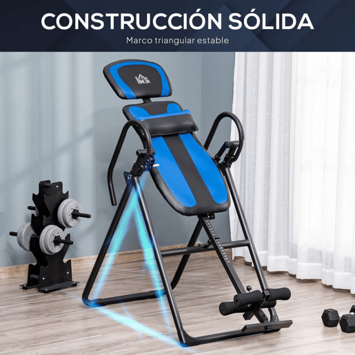 HOMCOM Mesa de Inversão Dobrável com Rodas Banco de Inversão Ajustável em Altura e Ângulo com Apoio Lombar para Aliviar as Costas Capacidade 110 kg Aço 32x71x145 cm Preto e Azul