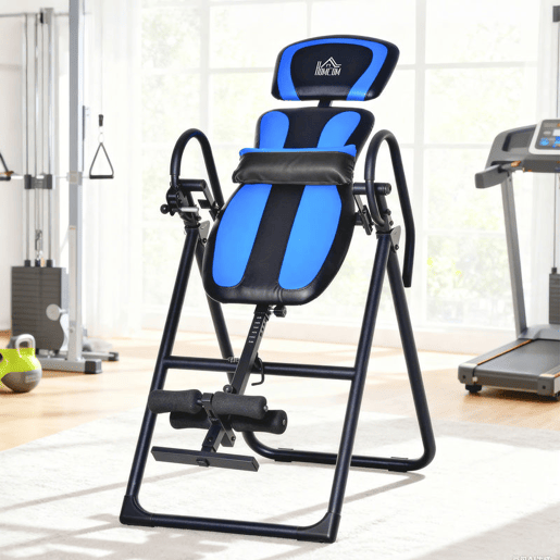HOMCOM Mesa de Inversão Dobrável com Rodas Banco de Inversão Ajustável em Altura e Ângulo com Apoio Lombar para Aliviar as Costas Capacidade 110 kg Aço 32x71x145 cm Preto e Azul