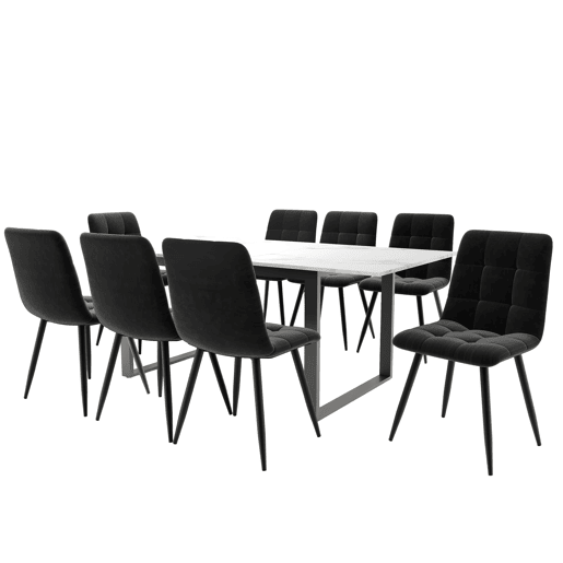 Conjunto de sala de jantar 140180x80cm - 8 cadeiras, mesa moderna, MDF branco, pernas pretas, cadeiras de veludo preto