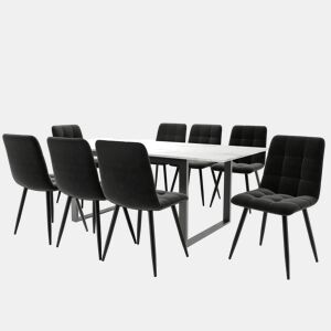 Conjunto de sala de jantar 140180x80cm - 8 cadeiras, mesa moderna, MDF branco, pernas pretas, cadeiras de veludo preto
