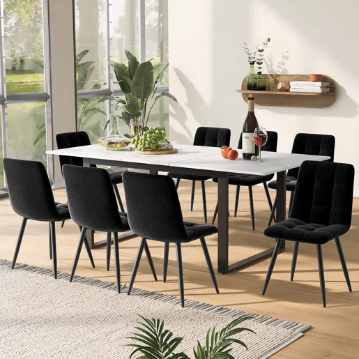 Conjunto de sala de jantar 140180x80cm - 8 cadeiras, mesa moderna, MDF branco, pernas pretas, cadeiras de veludo preto