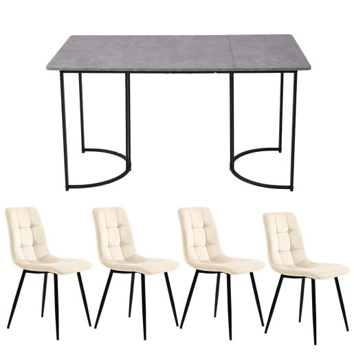 Conjunto de sala de jantar de 5 peças 140x80cm - Mesa com 4 cadeiras de veludo bege e pernas metálicas pretas
